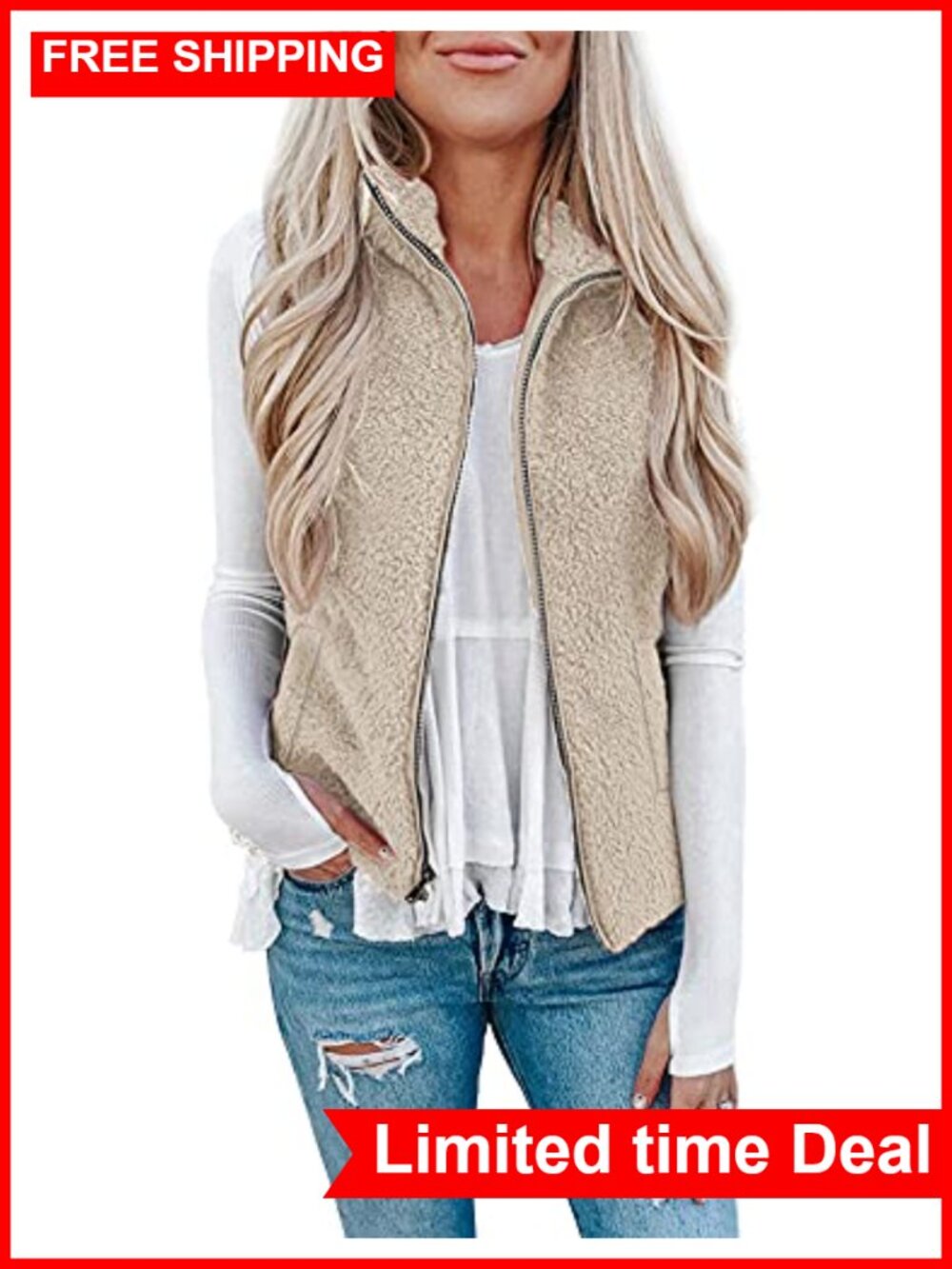 LOMON Womens Fuzzy Sherpa Fleece Vest Sleeveless Zip Cardigan with Pockets